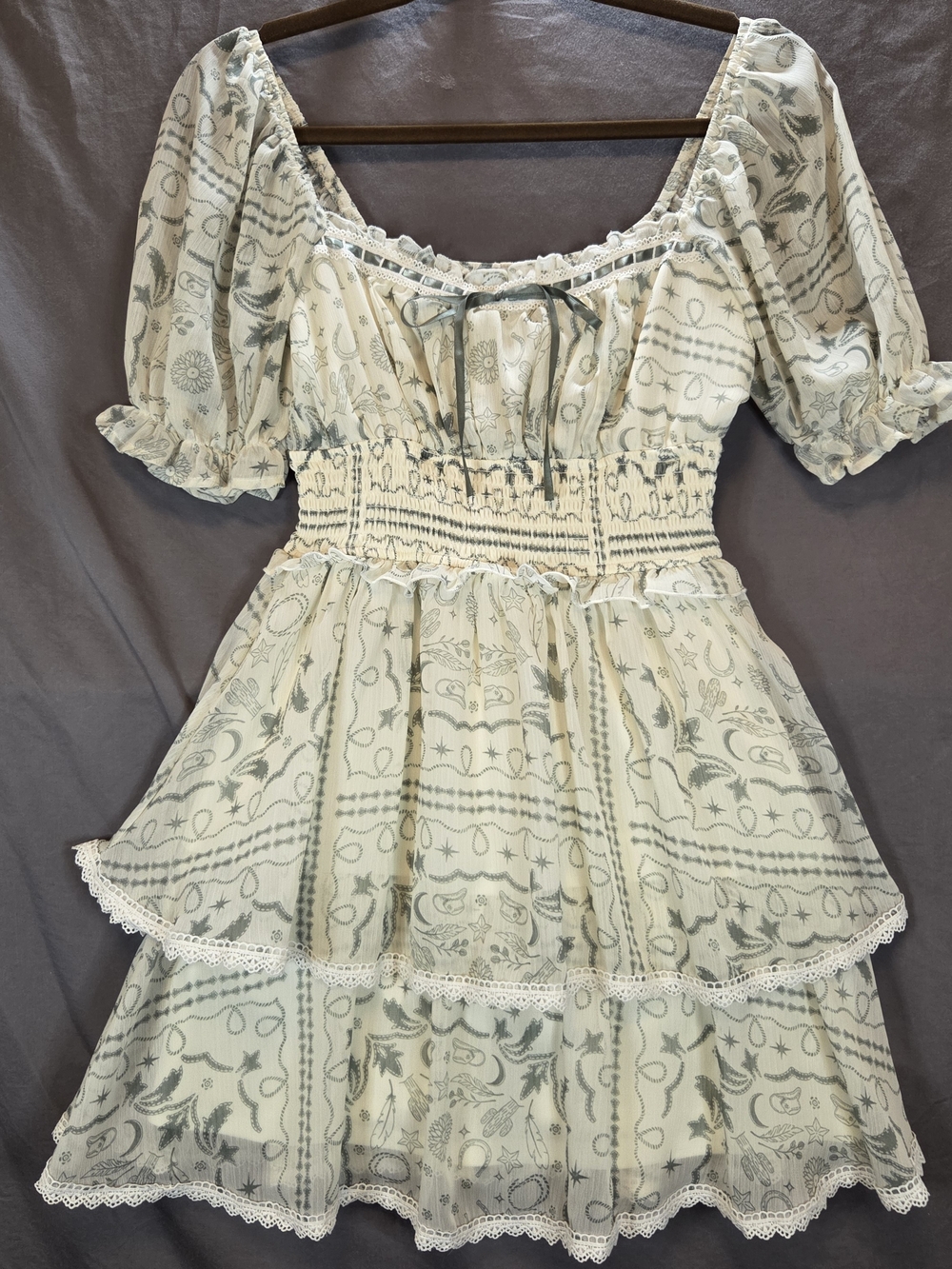 Francesca's Womens Small Western Celestial Tiered Mini Dress Puff Sleeve Smocked